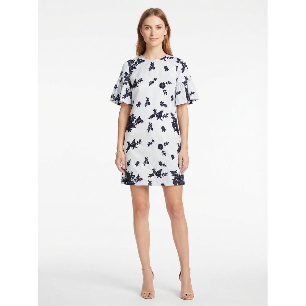 Banana Republic Ruffle Sleeve Embroidered Shift Dress Light Blue Navy Zero 0